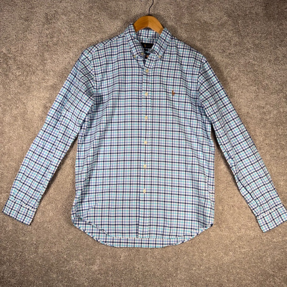 Polo Ralph Lauren Men's M Classic Fit Blue Plaid Button Down Shirt Flesh Pony - Picture 2 of 11